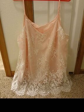 Peach Lace Slip Dress with White Floral Lace Overlay